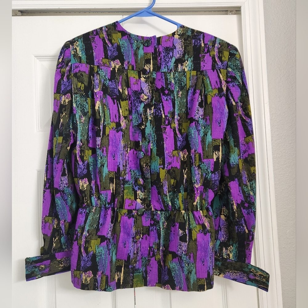 Hanae MORI Abstract Brushstroke Peplum Blazer in Purple and Black SIZE 10